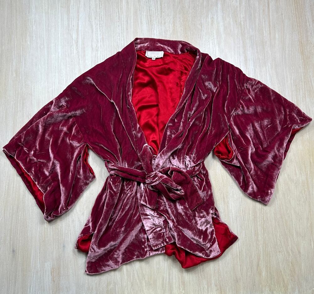 Fleur du Mal Pink Silk Velvet Haori Kimono Wide Sleeve Belted Luxury Robe S/M